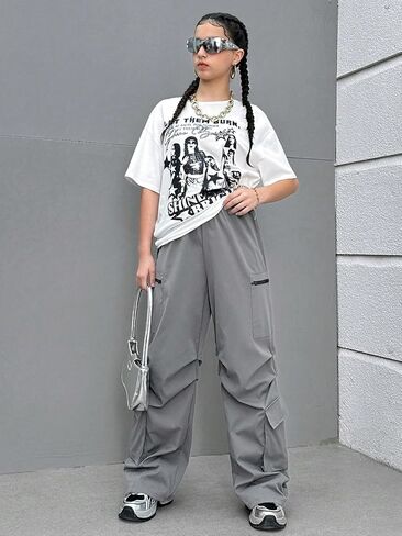 OYOANGLE Girl's High Elastic Waisted Pleated Cargo Pants Straight Wide Leg Y2K Streetwear Casual Trousers with Pockets in Saudi Arabia