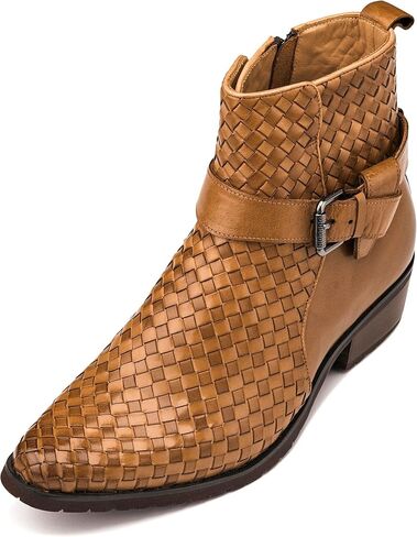 CALTO Men's Invisible Height Increasing Elevator Shoes - Black Premium Leather Woven Slip-on Chelsea Ankle Boots - 3.3 Inches Taller - K30521 - Size 8.5 D(M) US in Saudi Arabia