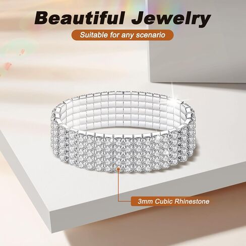 Kucheed 2PCS Rhinestone Stretch Bracelets, Twinkle Diamond Tennis Bangle, Silver Crystal Sparkling Bridal Stackable Bracelet Jewelry, Bling Shining Wedding Party Elastic Band Bracelet for Women in Saudi Arabia