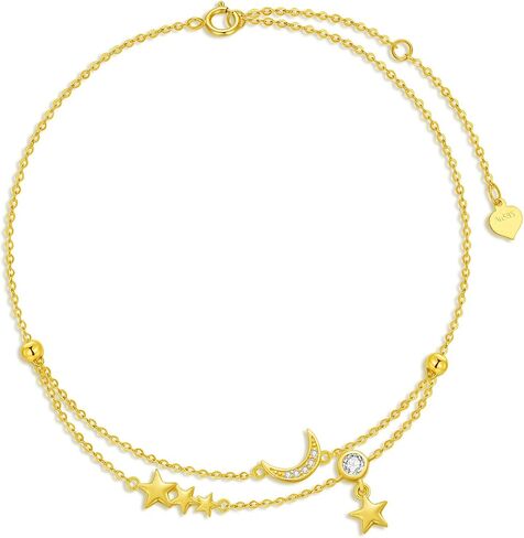SISGEM 14K Real Gold Star/Moon Anklets for Women,Yellow Gold Star Moon Link Ankle Bracelet Tassel Foot Jewerly Gifts for Birthday Mother's Day 8+2 inch in Kuwait