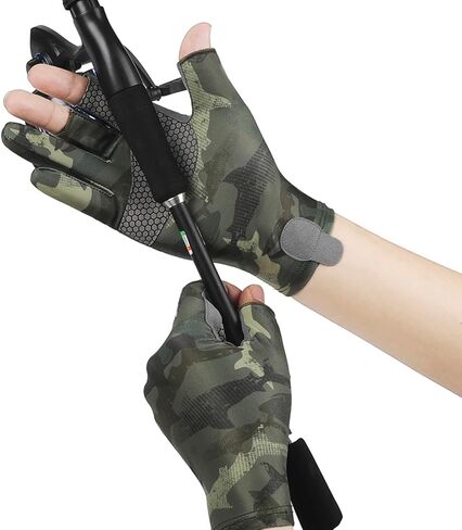 Camo Ice Silk Fishing Gloves for Men Women, 3 Finger Cut Anti-slip Kayaking Gloves Sea Fishing Gloves, UPF 50+ Sun UV Protection Fingerless Gloves for Paddling, Rowing, Canoeing, Hunting in Kuwait