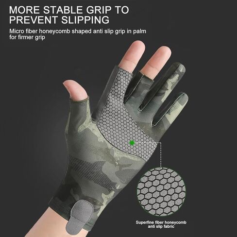 Camo Ice Silk Fishing Gloves for Men Women, 3 Finger Cut Anti-slip Kayaking Gloves Sea Fishing Gloves, UPF 50+ Sun UV Protection Fingerless Gloves for Paddling, Rowing, Canoeing, Hunting in Kuwait