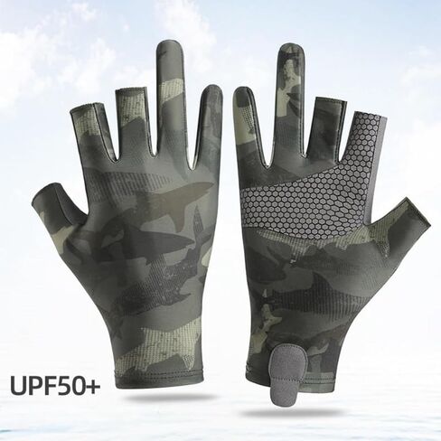 Camo Ice Silk Fishing Gloves for Men Women, 3 Finger Cut Anti-slip Kayaking Gloves Sea Fishing Gloves, UPF 50+ Sun UV Protection Fingerless Gloves for Paddling, Rowing, Canoeing, Hunting in Kuwait