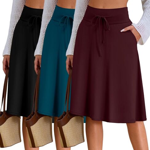 Neer 3 Pack Women's Knee Length Midi Skirts, Flowy Flared High Waisted A-Line Casual Drawstring Summer Skirts with Pockets in Saudi Arabia