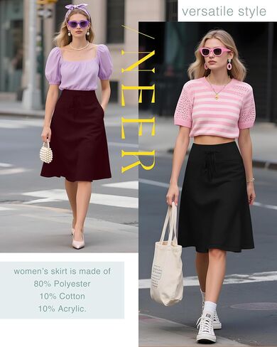 Neer 3 Pack Women's Knee Length Midi Skirts, Flowy Flared High Waisted A-Line Casual Drawstring Summer Skirts with Pockets in Saudi Arabia