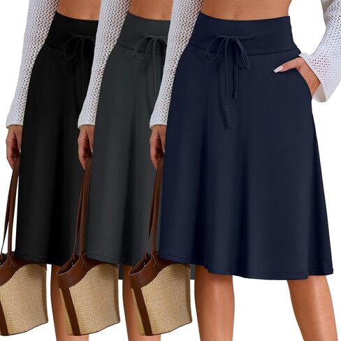 Neer 3 Pack Women's Knee Length Midi Skirts, Flowy Flared High Waisted A-Line Casual Drawstring Summer Skirts with Pockets in Saudi Arabia