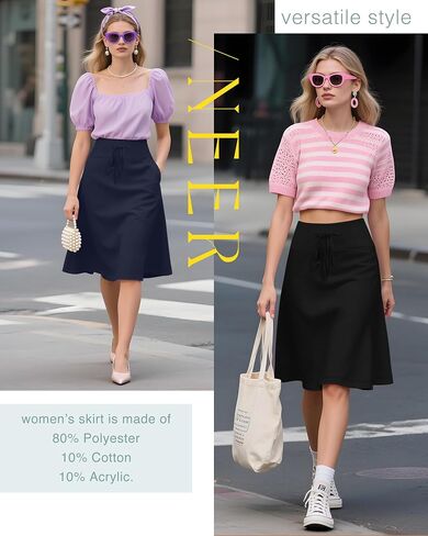 Neer 3 Pack Women's Knee Length Midi Skirts, Flowy Flared High Waisted A-Line Casual Drawstring Summer Skirts with Pockets in Saudi Arabia