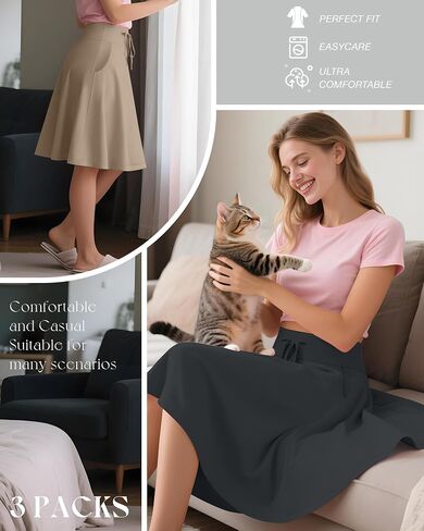 Neer 3 Pack Women's Knee Length Midi Skirts, Flowy Flared High Waisted A-Line Casual Drawstring Summer Skirts with Pockets in Saudi Arabia