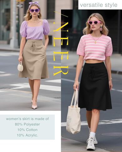 Neer 3 Pack Women's Knee Length Midi Skirts, Flowy Flared High Waisted A-Line Casual Drawstring Summer Skirts with Pockets in Saudi Arabia