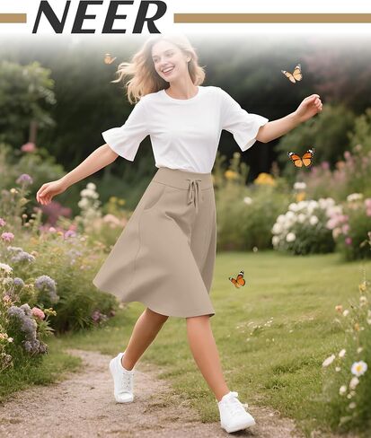 Neer 3 Pack Women's Knee Length Midi Skirts, Flowy Flared High Waisted A-Line Casual Drawstring Summer Skirts with Pockets in Saudi Arabia