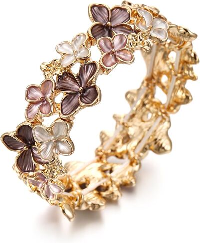 LUREME Gold Sakura Floral Bracelet for Women - Colorful Enamel Flower Stretch Bangle, Adjustable Elastic Cuff (bl003608) in Saudi Arabia