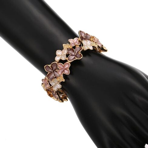 LUREME Gold Sakura Floral Bracelet for Women - Colorful Enamel Flower Stretch Bangle, Adjustable Elastic Cuff (bl003608) in Saudi Arabia