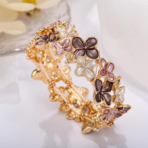 LUREME Gold Sakura Floral Bracelet for Women - Colorful Enamel Flower Stretch Bangle, Adjustable Elastic Cuff (bl003608) in Saudi Arabia