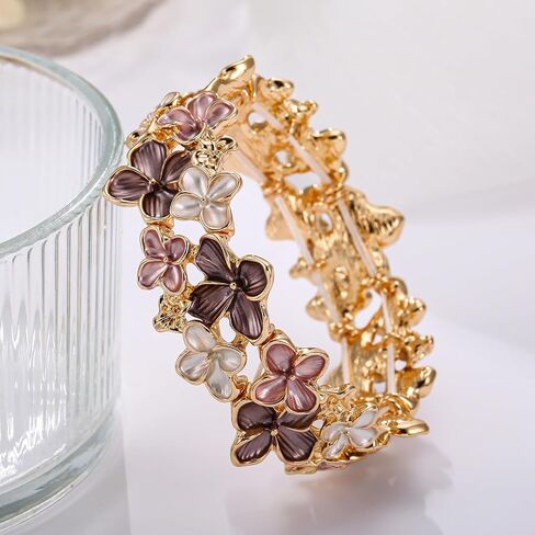 LUREME Gold Sakura Floral Bracelet for Women - Colorful Enamel Flower Stretch Bangle, Adjustable Elastic Cuff (bl003608) in Saudi Arabia