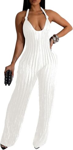 Summer Halter Backless Jumpsuits for Women Sexy See Through V Neck Tie Pleated One Piece Wide Leg Long Pants Romper in Saudi Arabia