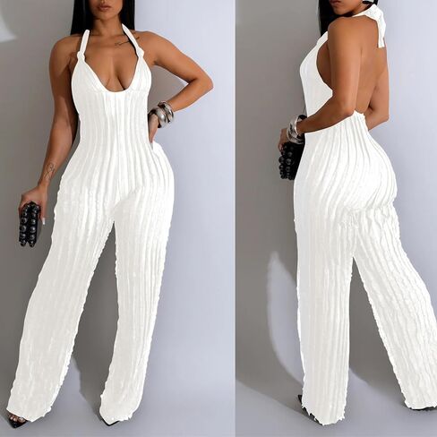Summer Halter Backless Jumpsuits for Women Sexy See Through V Neck Tie Pleated One Piece Wide Leg Long Pants Romper in Saudi Arabia