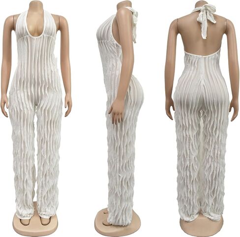 Summer Halter Backless Jumpsuits for Women Sexy See Through V Neck Tie Pleated One Piece Wide Leg Long Pants Romper in Saudi Arabia