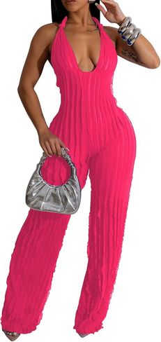 Summer Halter Backless Jumpsuits for Women Sexy See Through V Neck Tie Pleated One Piece Wide Leg Long Pants Romper in Saudi Arabia