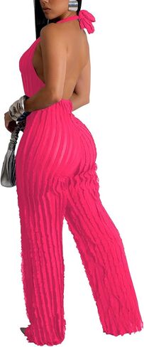 Summer Halter Backless Jumpsuits for Women Sexy See Through V Neck Tie Pleated One Piece Wide Leg Long Pants Romper in Saudi Arabia