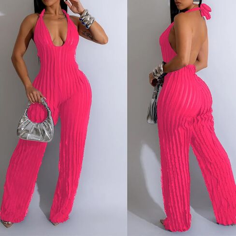 Summer Halter Backless Jumpsuits for Women Sexy See Through V Neck Tie Pleated One Piece Wide Leg Long Pants Romper in Saudi Arabia