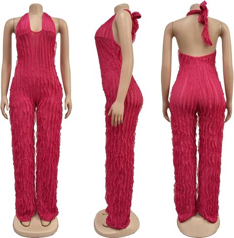 Summer Halter Backless Jumpsuits for Women Sexy See Through V Neck Tie Pleated One Piece Wide Leg Long Pants Romper in Saudi Arabia