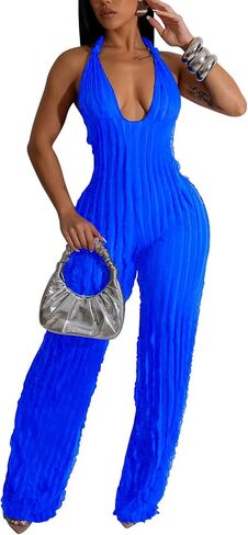 Summer Halter Backless Jumpsuits for Women Sexy See Through V Neck Tie Pleated One Piece Wide Leg Long Pants Romper in Saudi Arabia