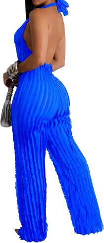 Summer Halter Backless Jumpsuits for Women Sexy See Through V Neck Tie Pleated One Piece Wide Leg Long Pants Romper in Saudi Arabia