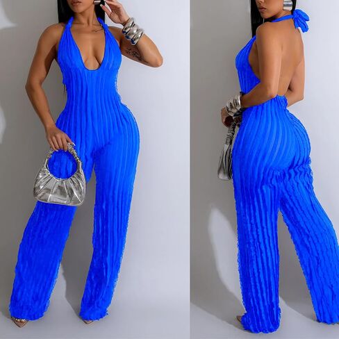 Summer Halter Backless Jumpsuits for Women Sexy See Through V Neck Tie Pleated One Piece Wide Leg Long Pants Romper in Saudi Arabia