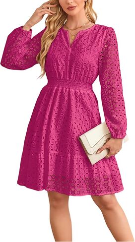 Aelson Womens Fall Dresses Long Eleve v Neck A Line Hollow Out Lace Shulf in Kuwait