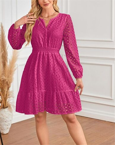Aelson Womens Fall Dresses Long Eleve v Neck A Line Hollow Out Lace Shulf in Kuwait