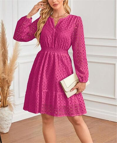 Aelson Womens Fall Dresses Long Eleve v Neck A Line Hollow Out Lace Shulf in Kuwait