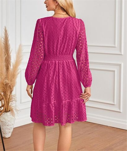Aelson Womens Fall Dresses Long Eleve v Neck A Line Hollow Out Lace Shulf in Kuwait