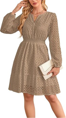 Aelson Womens Fall Dresses Long Eleve v Neck A Line Hollow Out Lace Shulf in Kuwait