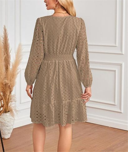Aelson Womens Fall Dresses Long Eleve v Neck A Line Hollow Out Lace Shulf in Kuwait