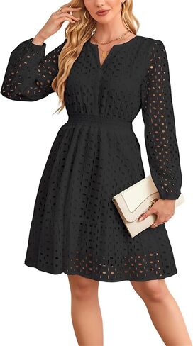 Aelson Womens Fall Dresses Long Eleve v Neck A Line Hollow Out Lace Shulf in Kuwait