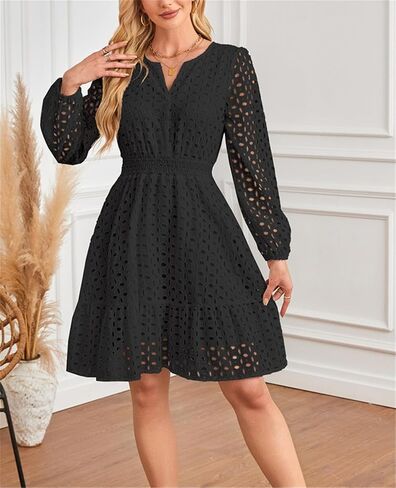 Aelson Womens Fall Dresses Long Eleve v Neck A Line Hollow Out Lace Shulf in Kuwait