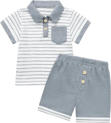 Toddler Baby Boy Summer Clothes Button Short Sleeve T-Shirt Shorts Set Casual Kid Soft Waffle Outfits in Saudi Arabia