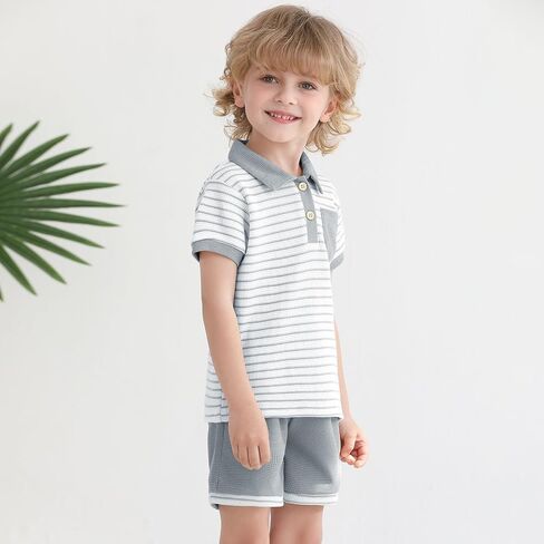 Toddler Baby Boy Summer Clothes Button Short Sleeve T-Shirt Shorts Set Casual Kid Soft Waffle Outfits in Saudi Arabia
