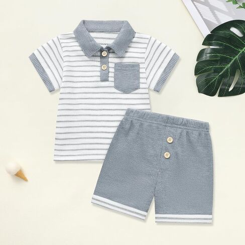 Toddler Baby Boy Summer Clothes Button Short Sleeve T-Shirt Shorts Set Casual Kid Soft Waffle Outfits in Saudi Arabia