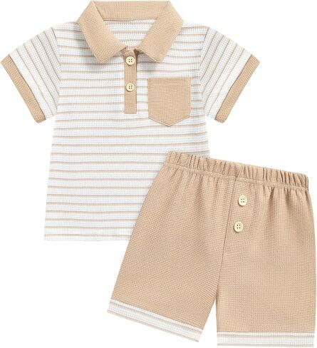 Toddler Baby Boy Summer Clothes Button Short Sleeve T-Shirt Shorts Set Casual Kid Soft Waffle Outfits in Saudi Arabia