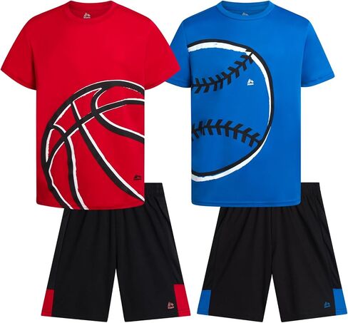 مجموعة السراويل القصيرة النشطة لـ RBX Boys-4 قطعة رياضية Poly Interlock Graphic Shirt و Mostic Gym Shorts for Boys (الأحجام: 4-12) in Saudi Arabia
