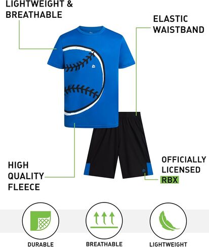 مجموعة السراويل القصيرة النشطة لـ RBX Boys-4 قطعة رياضية Poly Interlock Graphic Shirt و Mostic Gym Shorts for Boys (الأحجام: 4-12) in Saudi Arabia