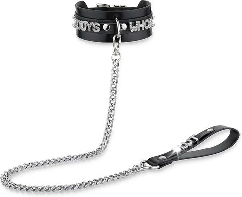 Women's Black Leather Choker Necklace with Rhinestone Letters, Adjustable Punk Gothic Custom Name D-ring Collar Jewelry For Women in Saudi Arabia