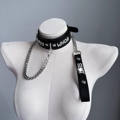 Women's Black Leather Choker Necklace with Rhinestone Letters, Adjustable Punk Gothic Custom Name D-ring Collar Jewelry For Women in Saudi Arabia