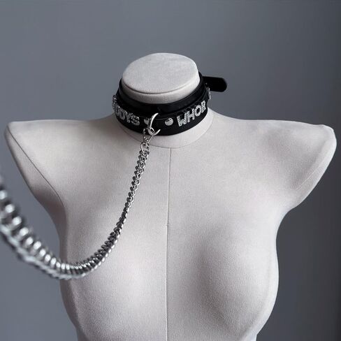 Women's Black Leather Choker Necklace with Rhinestone Letters, Adjustable Punk Gothic Custom Name D-ring Collar Jewelry For Women in Saudi Arabia