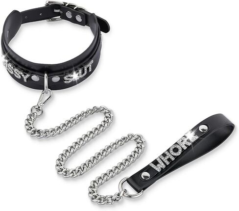 Women's Black Leather Choker Necklace with Rhinestone Letters, Adjustable Punk Gothic Custom Name D-ring Collar Jewelry For Women in Saudi Arabia