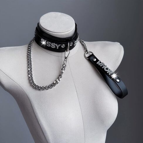 Women's Black Leather Choker Necklace with Rhinestone Letters, Adjustable Punk Gothic Custom Name D-ring Collar Jewelry For Women in Saudi Arabia