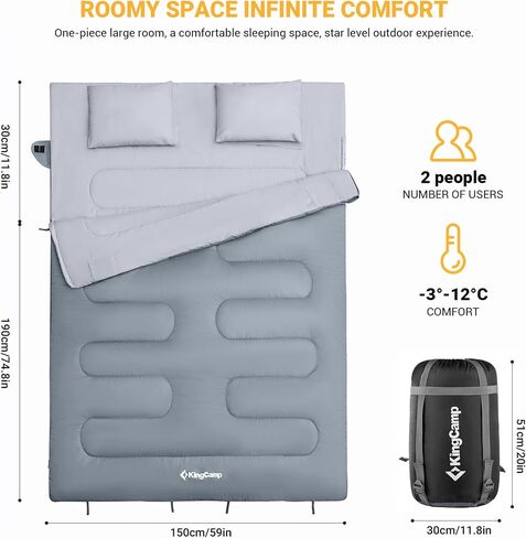 KingCamp 87 x 59 Inch 2 Person 20 Degree Lightweight Waterproof Couple Family Sleeping Bag with 2 Pillows for Camping, Hiking, & Backpacking in Saudi Arabia