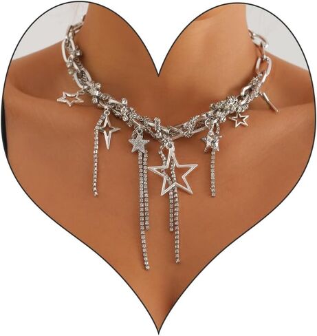 Y2k Star Choker Necklace for Women,Chunky Silver Star Layered Choker Long Chain Heart Pear Tassel Necklace Trendy Statement Necklace Jewelry in Saudi Arabia