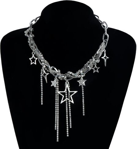 Y2k Star Choker Necklace for Women,Chunky Silver Star Layered Choker Long Chain Heart Pear Tassel Necklace Trendy Statement Necklace Jewelry in Saudi Arabia